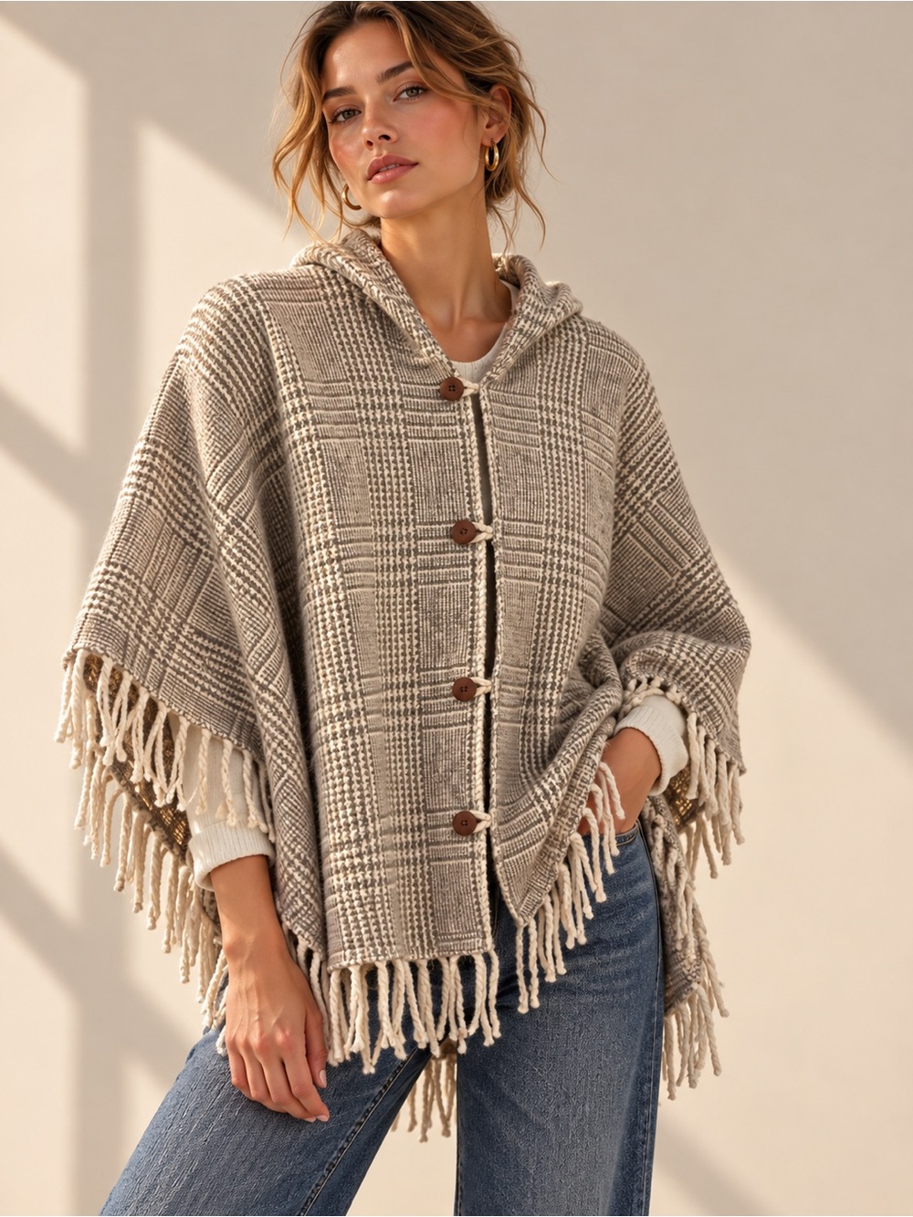 Pure Wool Cape Neutral Plaid